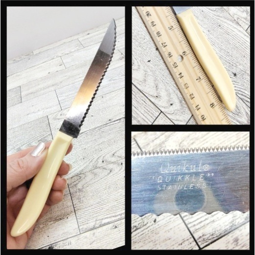 Vintage Quikut Quikkle Dual Serrated Edge Steak Knife Cream Handle Retro MCM‎